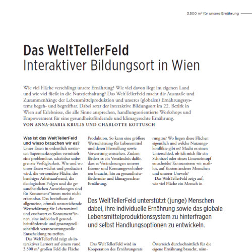 Vorschaubild auf den Printmedien-Artikel „Das WeltTellerFeld – Interaktiver Bildungsort in Wien“, das die ersten Absätze des Artikels zeigt.