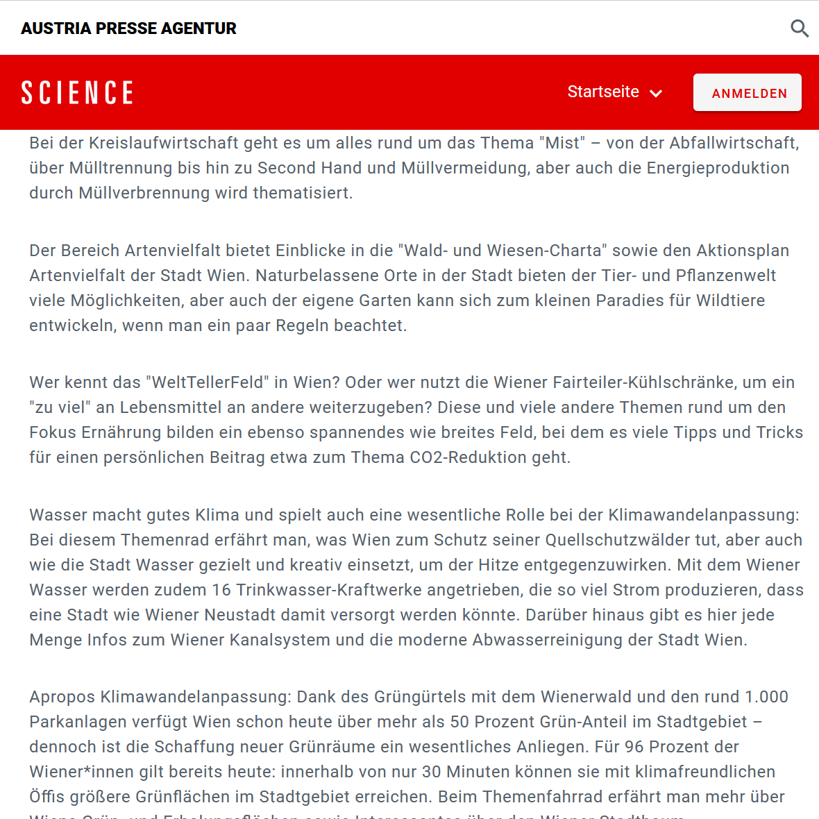 Vorschaubild auf die APA Science Meldung „„Wiener Klima-Tour“: Von Grinzing bis zum Tiergarten Schönbrunn “, das die Webseite mit einer Textvorschau zeigt.