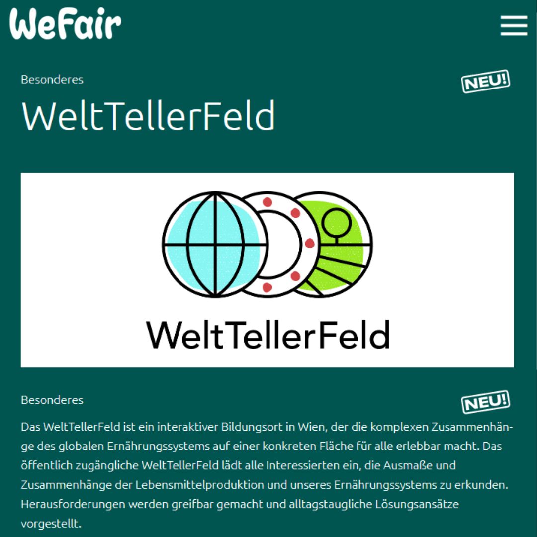 Das Vorschaubild zeigt die Webseite von WeFair und die Ausstellungsinfo zum WeltTellerFeld