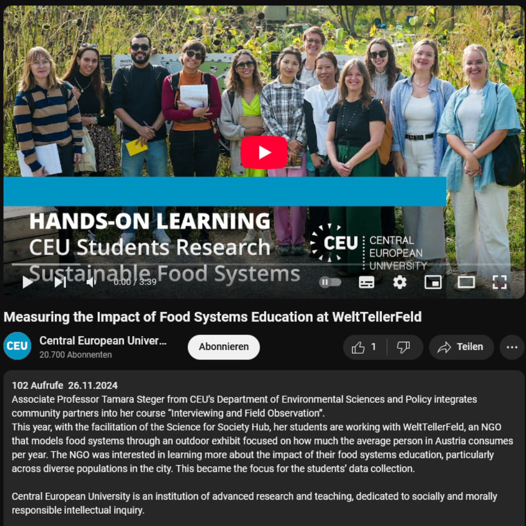 Das Vorschaubild zeigt die Studierendegruppe der CEU, die sich mit dem Impact der Bildungsarbeit am WeltTellerFeld beschäftigt hat.